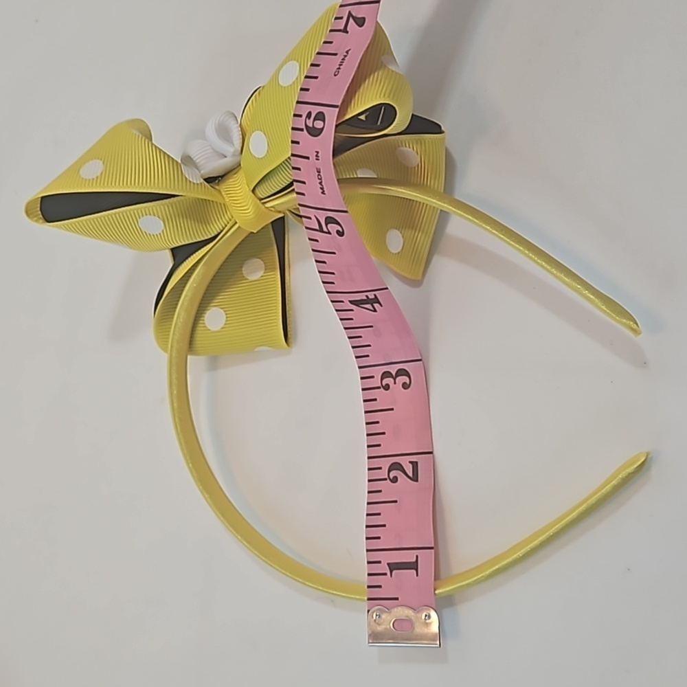 Hand Crafted Handmade Bow Hairband Yellow white polka-dot black contrast ribbon - Picture 13 of 17